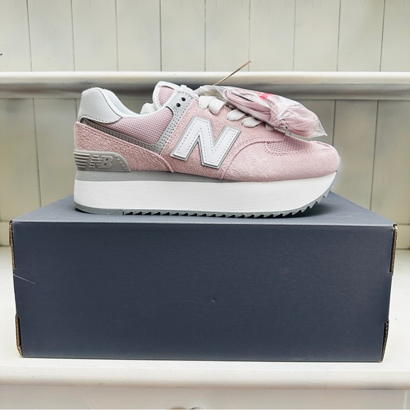 New Balance 574 + Platform Retro Running Shoes / Sneakers -Pink Stone - Picture 2 of 16